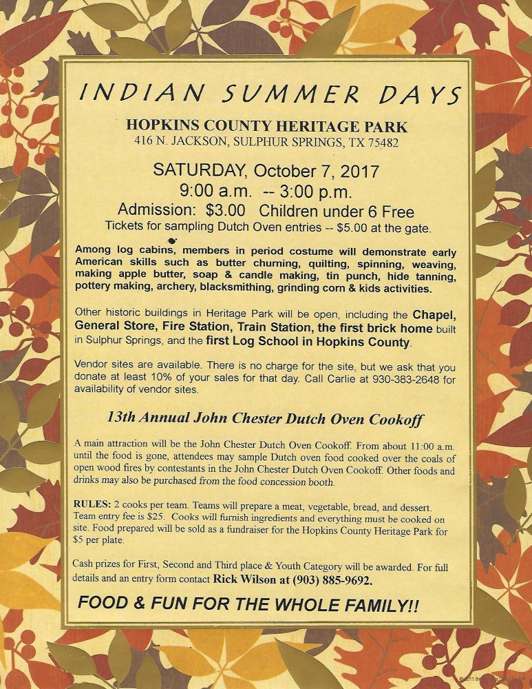 Indian Summer Day Announced for October 7 at H C Heritage Park and ...