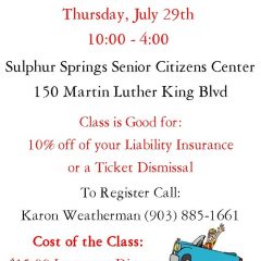 Affiliated Driving School 1-Day Class is Forming in July, Receive Insurance Discount, Ticket Dismissal Upon Completion