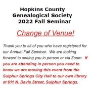 Venue Change Announced For Hopkins County Genealogical Society’s Annual Fall Seminar