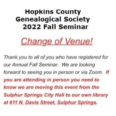 Venue Change Announced For Hopkins County Genealogical Society’s Annual Fall Seminar