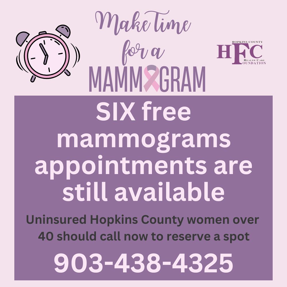 Six mammograms available Hopkins County Healthcare Foundation