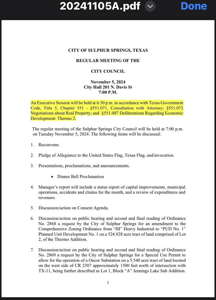 Sulphur Springs Regular Meeting City Council November 2024 Agenda 1