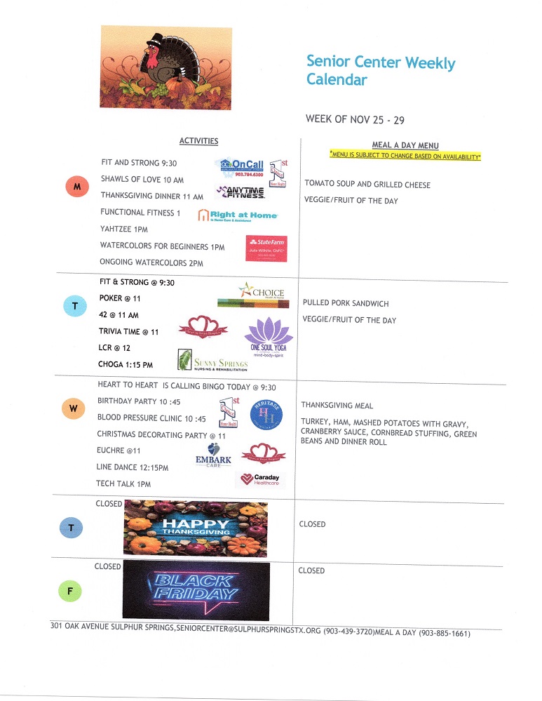 Senior Center Weekly Calendar for week of Nov 25th including Meal a Day