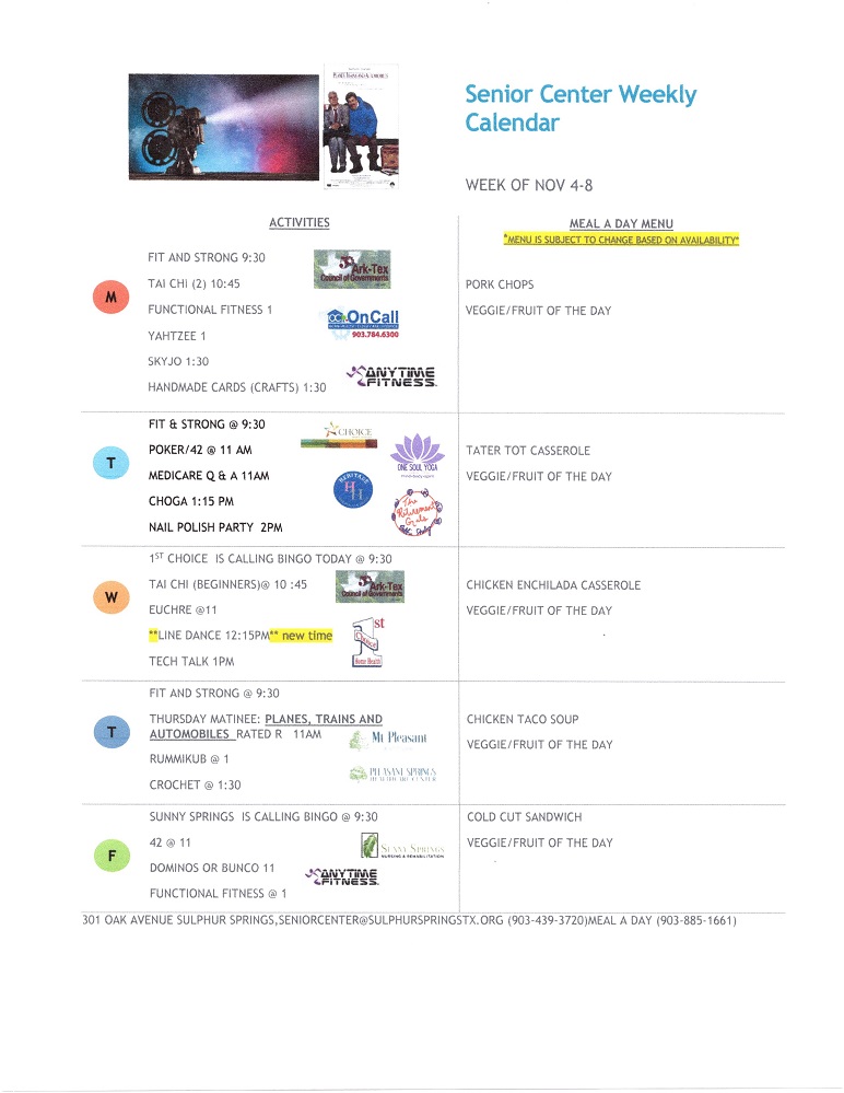 Sr Citizens Center NOV 4 schedule