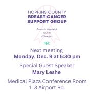 Breast Cancer Support Group to Meet December 9th