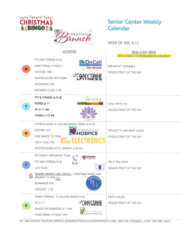 Sr Center December 9th Calendar 2024 DEC9