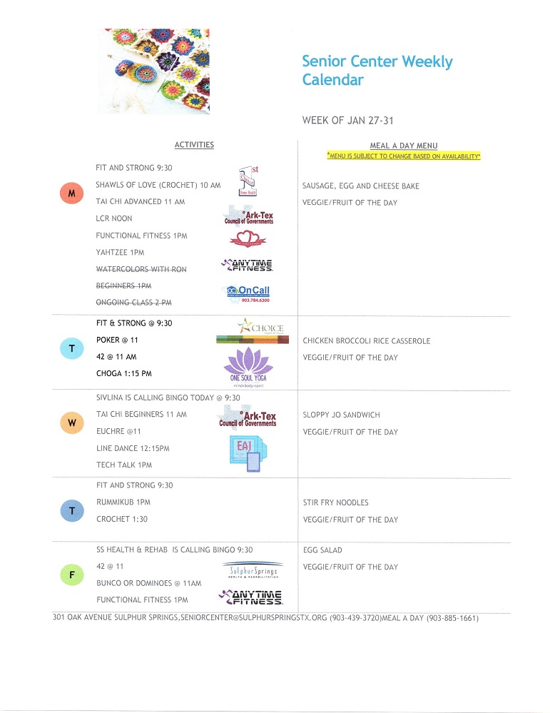 Week of JAN27 calendar for Senior Center including Meal A Day