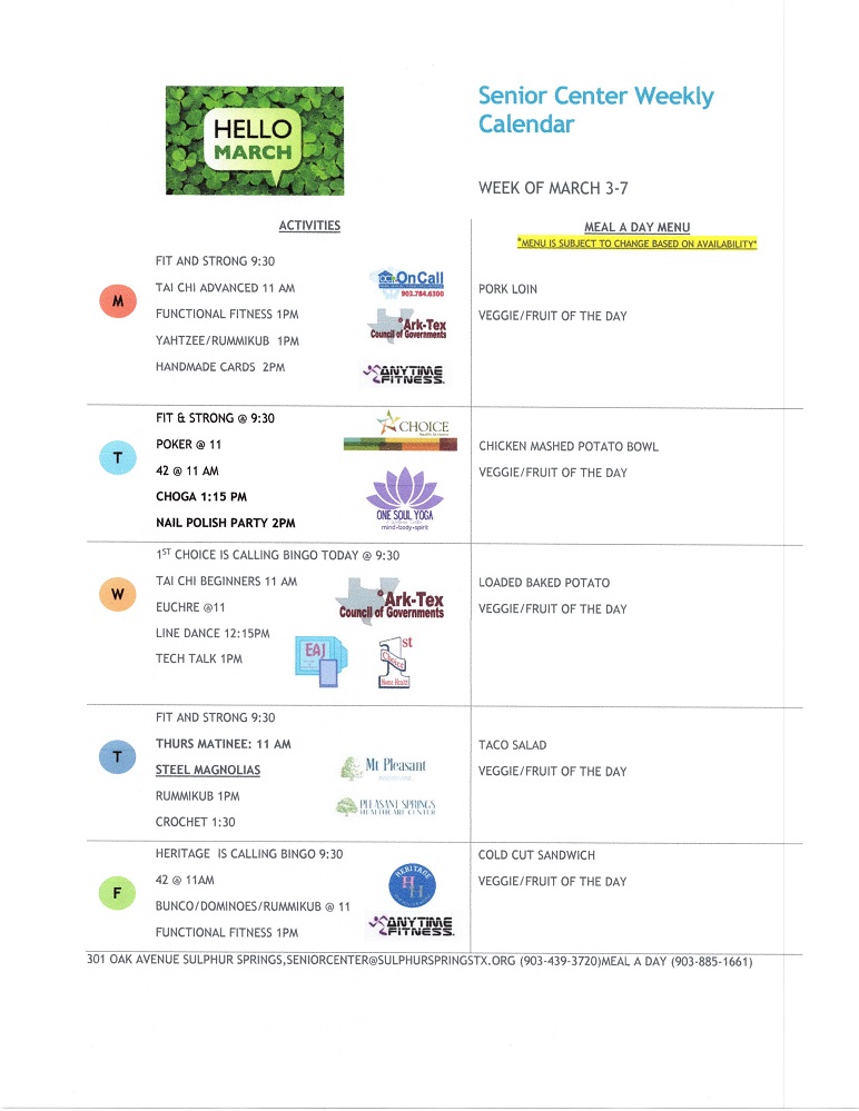 Sulphur Springs Senior Citizens Activity Center Event Calendar and Meal A Day for March 3rd through the 7th