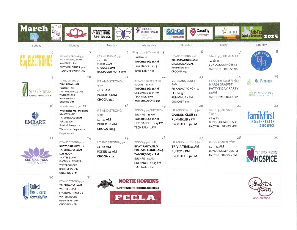 Sr Citizens Center March Calendar