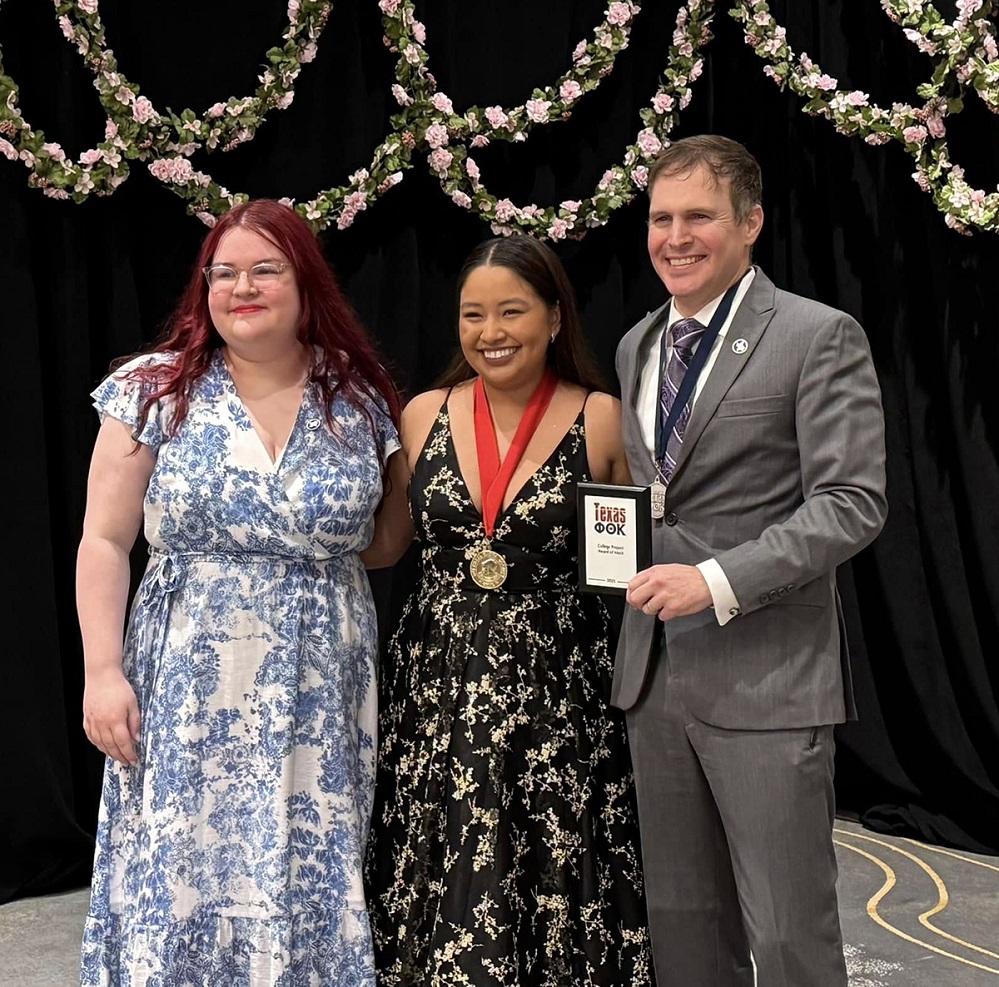 Photo cutline 2: PTK International Vice President - Division II Monserrat Rivero Sanchez (center) is shown presenting the Texas PTK College Project Award of Merit to Victoria Russell and Christopher Withrow.